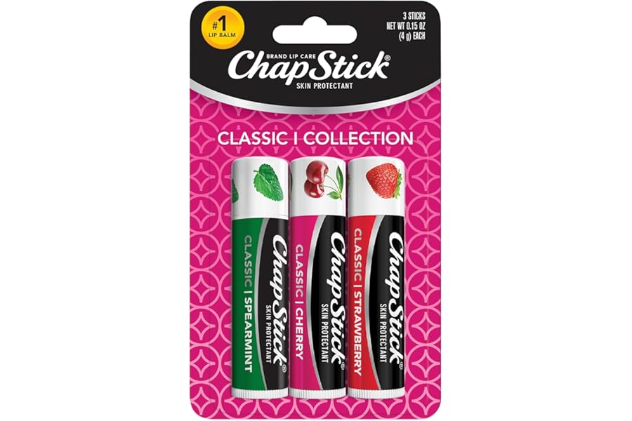 ChapStick Lip Care Set, Classic Collection 3-Pack – Spearmint, Cherry, and Strawberry Lip Balm, 0.15 Oz Ea