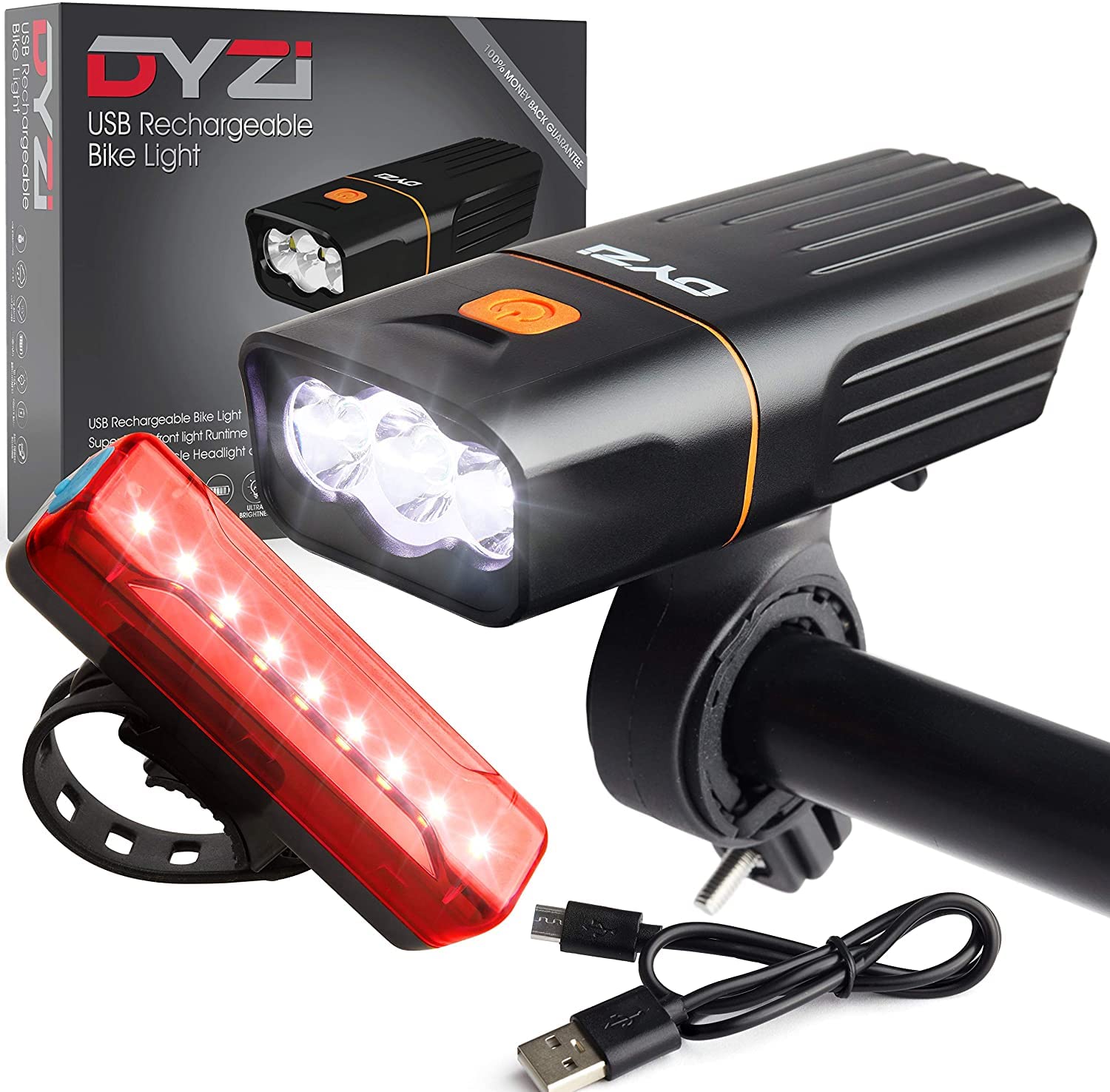 Dyzi USB Rechargeable Bike Lights Set -Waterproof Front Headlight - Water Resistant Tail Light Easy to Fit & Mount, Built in Powerbank for charging devices - 3 Yr Warranty
