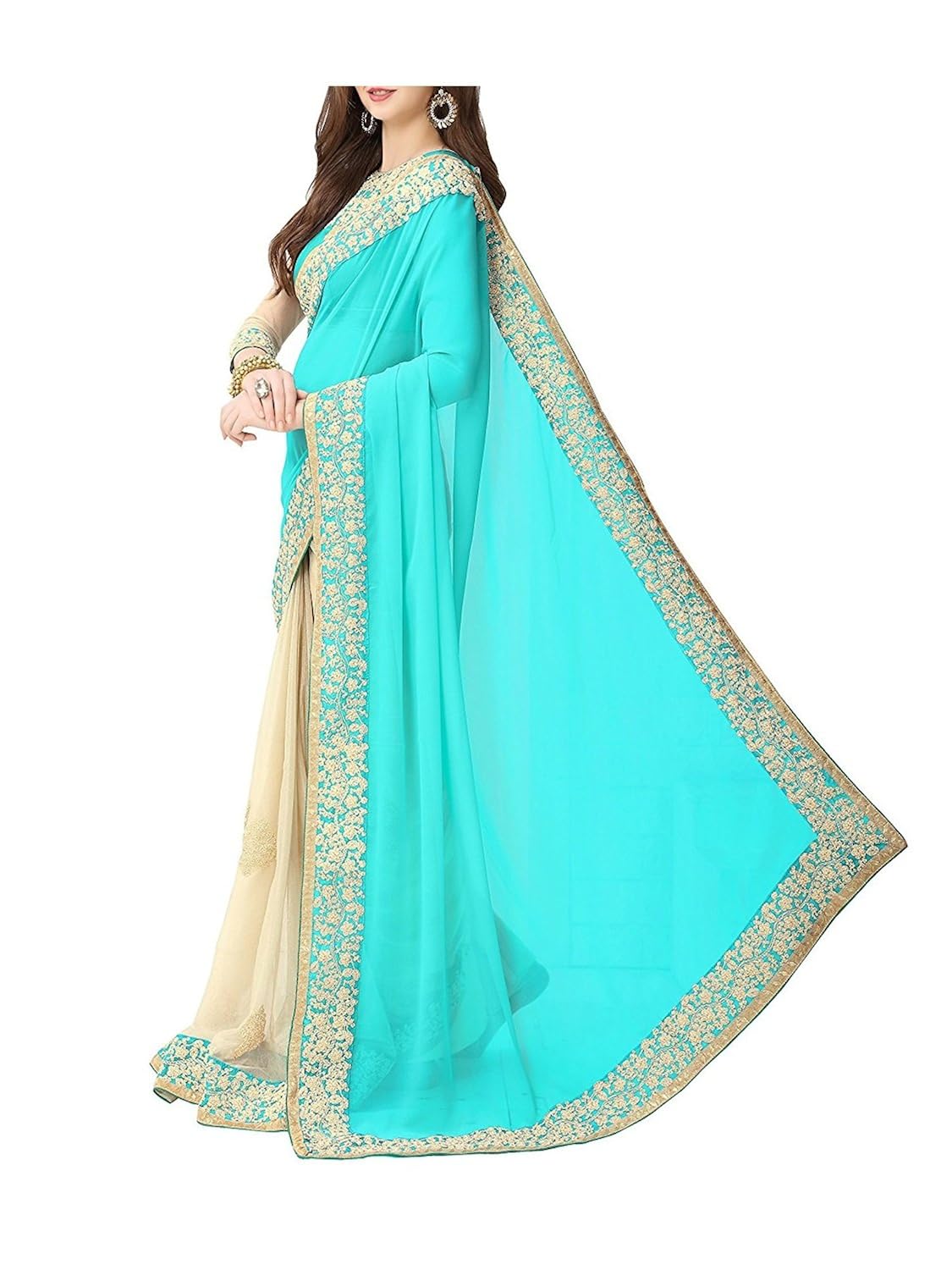 kuber enterprise women blue lycra sari with blouse piece (ku1060).