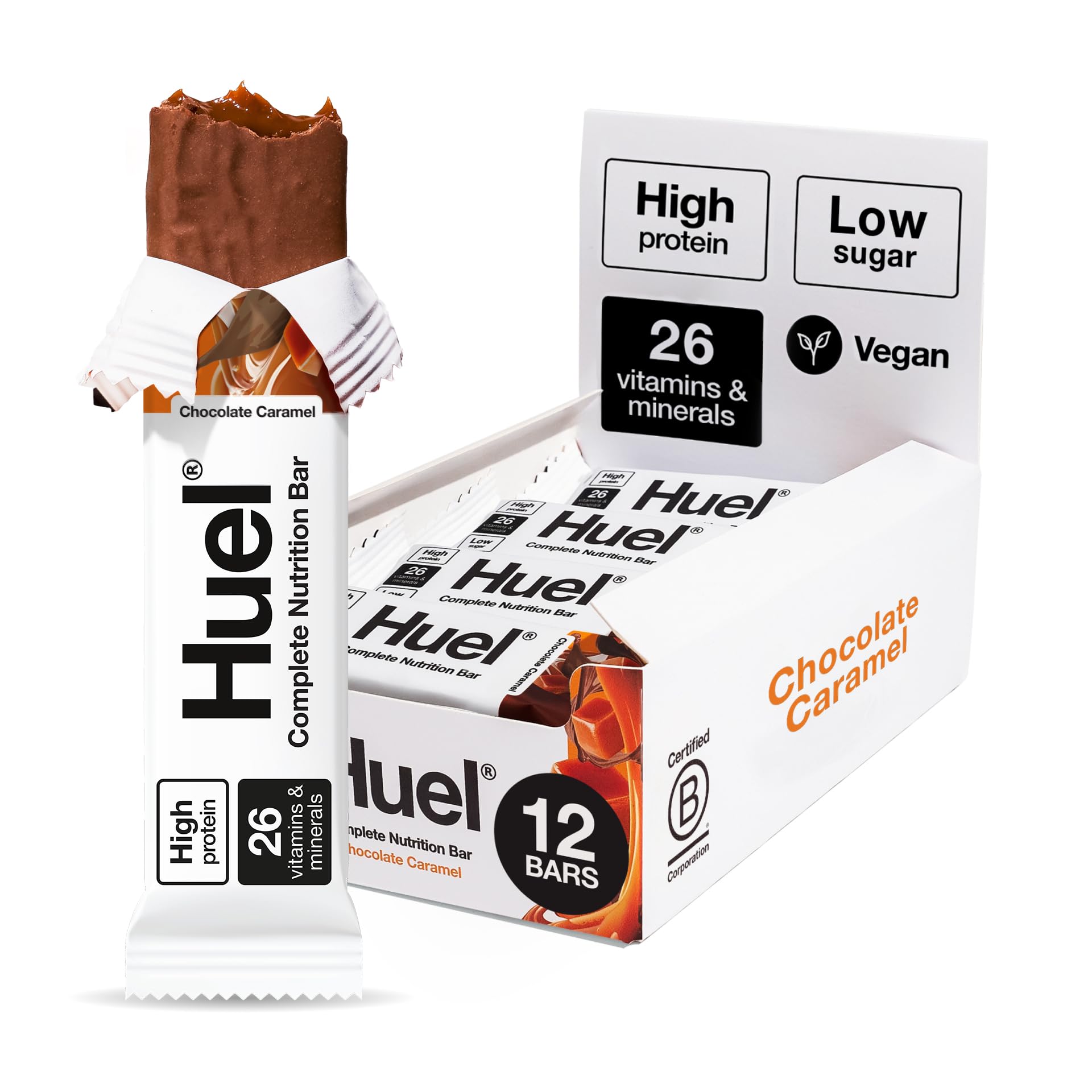 Huel Complete Nutrition Bar, 12 x 51g Bars, Chocolate Caramel, High Protein Bar, Plant-Based Protein Bars, Low Sugar, High Fibre, High-Protein Snack with Vegan Chocolate, Under 200 Calories
