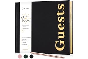 JUBTIC Guest Book: Premuim Keepsake for Life's Special Events - Sign in Book for Wedding Reception, Baby Shower, Funeral and Birthday Party - 100 Pages, Leather's Cover, Gold Foil (Black, 7" x10″)