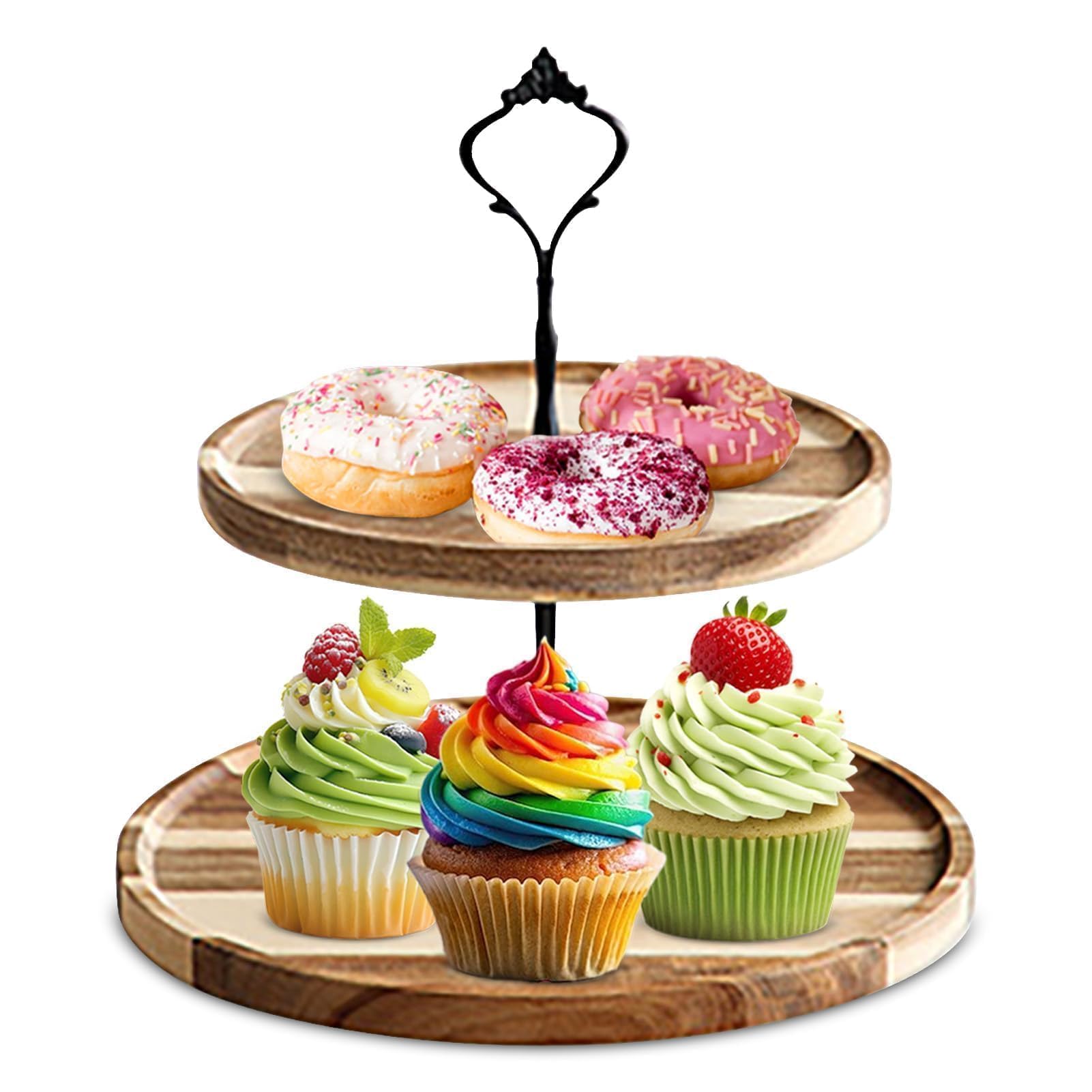 Cyrank Cake Display Stand, 2/3 Tier Wooden Cupcake Stand Round Wooden Tiered Cake Tower Farmhouse Cupcake Display Tiered Tray for Cupcakes Tea Party(02)