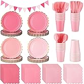 Vesici 289 Pcs Pink Paper Plates and Napkins Party Supplies Disposable Pink Scalloped Plates Napkins Cups Cutlery Triangle Banner Dinnerware Set for 48 Guests Wedding, Baby Shower Birthday Valentines