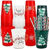 24 Pack Christmas Party Cups - 16oz Red, Green & White Stadium Cups with 24 Festive Paper Straws, 4 Unique Designs for Holiday Celebrations