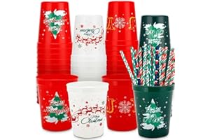 AINIBAR 24 Pack Christmas Party Cups - 16oz Red, Green & White Stadium Cups with 24 Festive Paper Straws, 4 Unique Designs for Holiday Celebrations