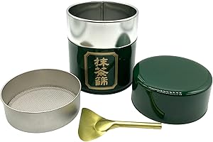 野口熊太郎茶園 Matcha Tin Container with Mesh Sifter and Scoop/Matcha Powder Canister / 150g (5.3ounces) Tea Capacity/Made in japan (Green)