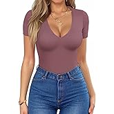 HOTOUCH Deep V Neck Tops for Women Sexy Low Cut Summer Ribbed Knit T Shirts Slim Fit Stretchy Basic Fashion Tee