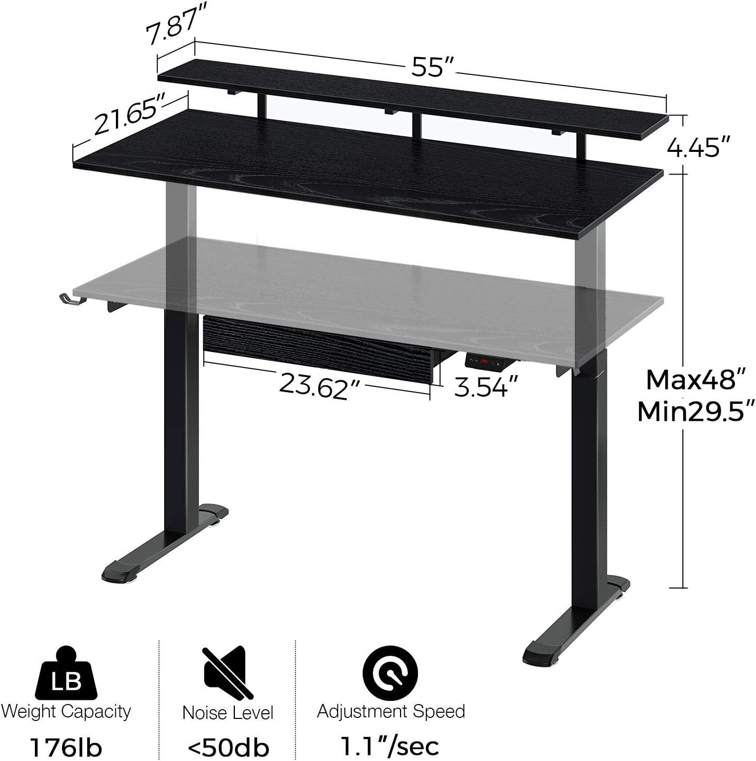 Rolanstar Standing Desk Dual Motor with USB Charging Ports, 55" Adjustable Height Desk with Drawer and Monitor Shelf, Electric Standing Desk with Double Headphone Hook, Black: Furniture & Decor
