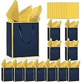 Epoesch Premium Metallic Paper Gift Bags with Handles and Tissue Paper, 8"x5"x10" Inch Dark Blue Gold Edge Welcome Gift Thank You Bags (Navy Blue, Gold, 1 Count (Pack of 12))