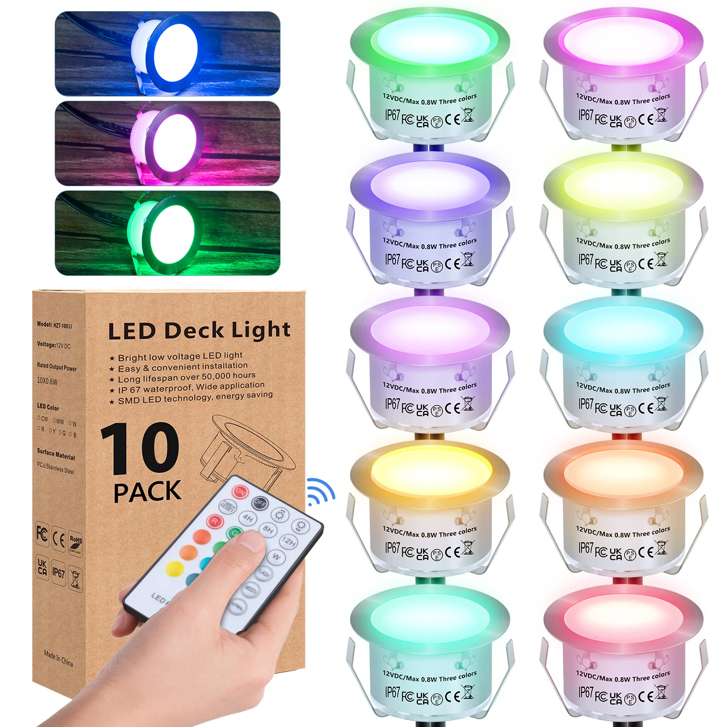 HIBOITEC 10Pcs RGBW Decking Lights, 12V Multicolor Chasing Effect Outdoor Decking Light with Remote Control, IP67 Waterproof 0.8W Deck Lighting for Kitchen Plinth Lights/Terrace/Patio/Path/Decoration