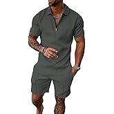 UOUA Mens Summer Track Suits 2 Piece Shorts Sets Short Sleeve Sweatsuit Outfits 1/4 Zip Golf Polo Shirts Loungewear