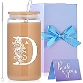 Initial Glass Cups with Lids and Straws, Monogrammed Gifts for Women, 16oz Beer Glass Tumbler, Iced Coffee Mug, Personalized Gift for Christmas. Employee Appreciation Gifts Birthday Gift for Her (D)