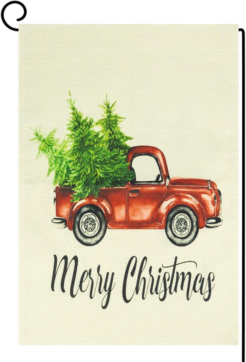 OZMI Home Decorative Merry Christmas Garden Flag, Red Truck Double Sided, Rustic Xmas Quote House Yard Flag Pickup, Winter Holidays Garden Decorations, Vintage Seasonal Outdoor Flag 12 x 18, Car