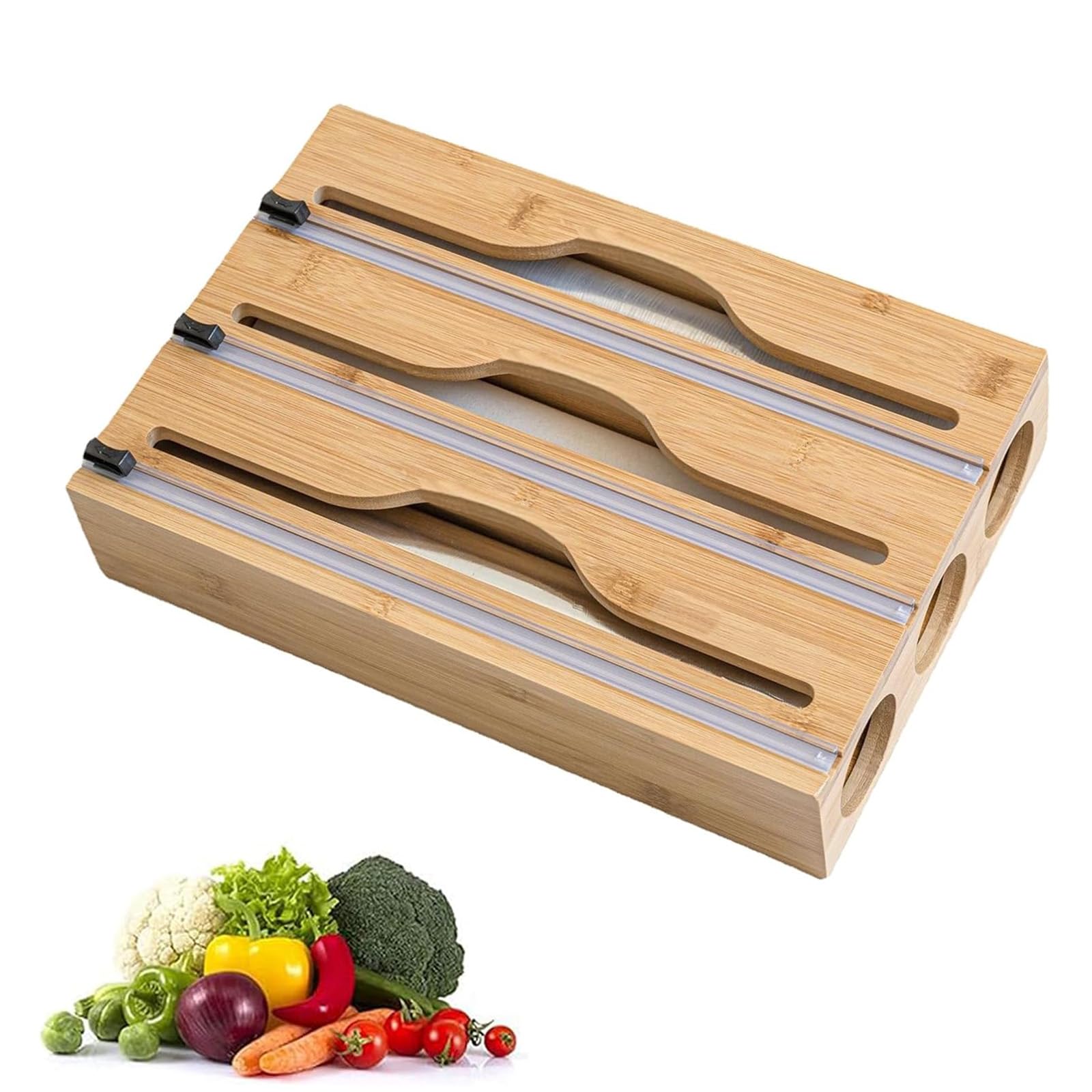 Photo 1 of 3 in 1 Plastic Wrap Dispenser with Cutter and Labels, Foil and Plastic Wrap Organizer, Aluminum Foil Organization and Storage, Foil Organizer for Drawer, Bamboo Aluminum foil Holder for 12.5"Roll Wrap