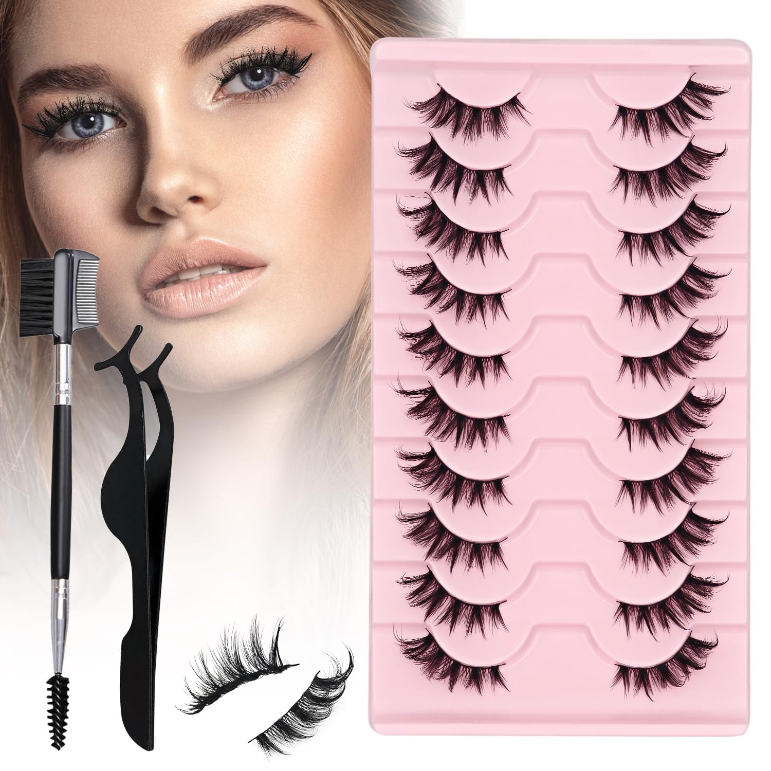 Vegan-Friendly Wispy Lashes 10-Pair Set with Dual-Ended Applicator - Natural Fluffy Eyelash Clusters for Everyday Wear, Easy Application & Dramatic Look, False Eyelashes with Applicator Tool