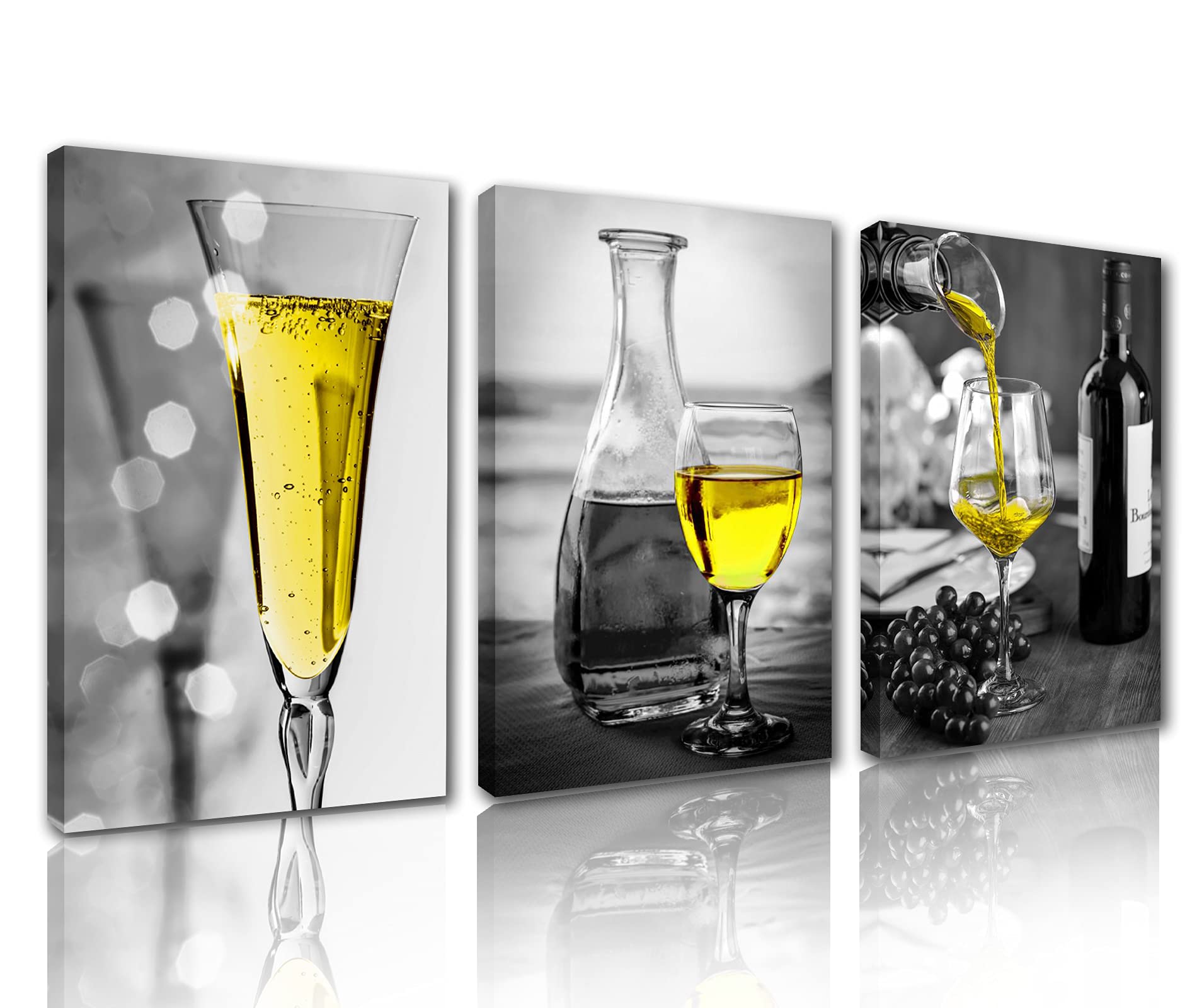 Tucocoo Kitchen Wall Art - Black & White Paintings, Grape & Wine Pictures, 3 Framed Canvas Art Ready to Hang (42x20 inches)