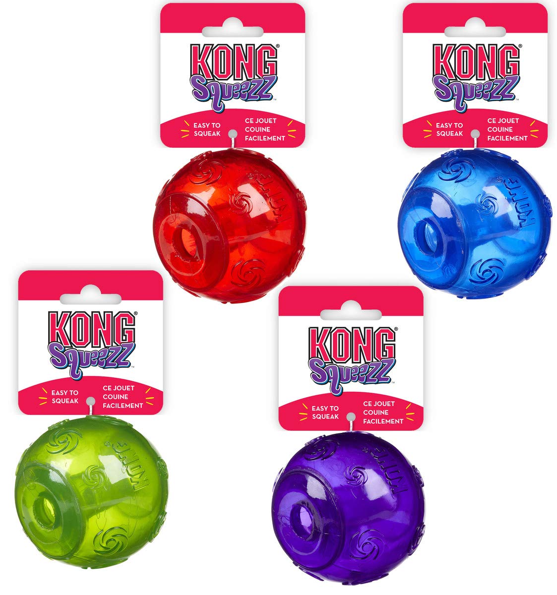 KONG Squeezz Ball - Strong Squeaky Dog Toy, Bounces & Squeak When Punctured (Assorted Colours) - For Large Dogs - Pack of 1