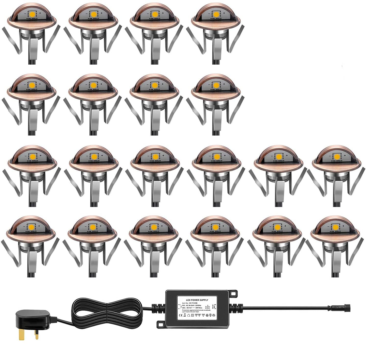 CHNXU LED Deck Step Lights Kit, 20 Pack IP65 Waterproof Landscape Lighting with Transformer, Recessed 12V Low Voltage Outdoor Decoration Wall Lamps for Stairs Patio Garden Yard (Warm White, Bronze)