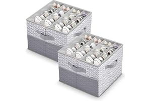 ALCOVA 2 Packs Shoe Organizer for Closet, Sandal Organizer with Mesh Pocket, Shoe Storage Box w/Adjustable Dividers, And Clea