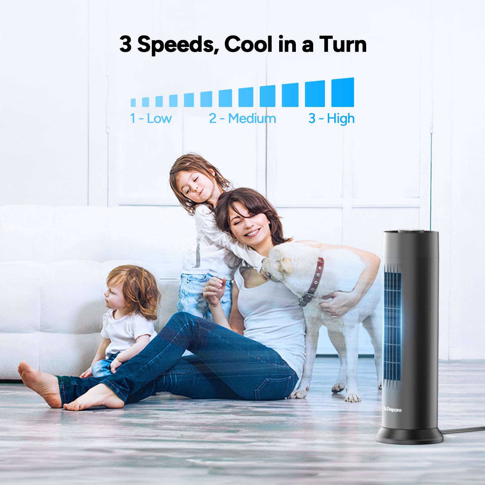 DR.PREPARE  Tower Fan, 28 dB Quiet Desk Fan, 3‑Speeds, 80° Oscillation, Detachable Washable Bladeless Design, 16 Inch Portable Table Fan for Room, Home, Office,Black