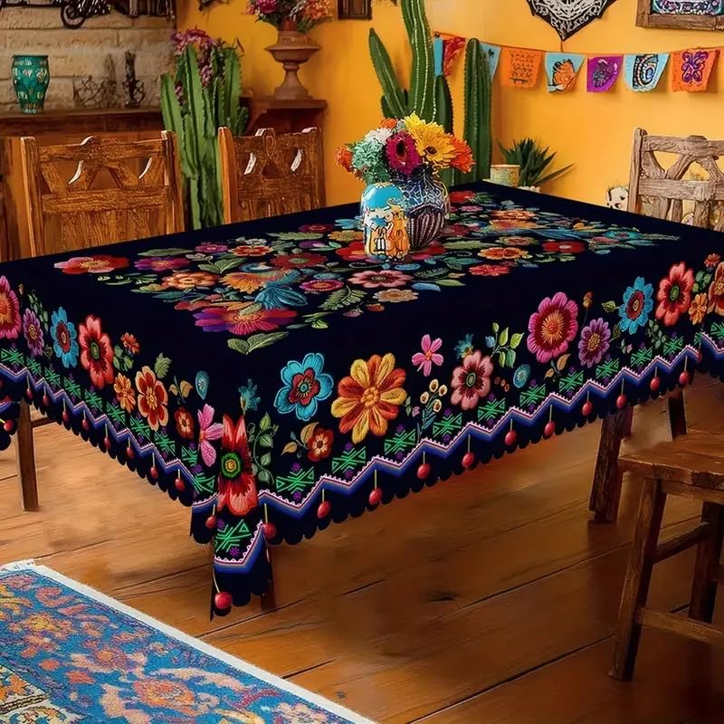 Mexican Folk Art Tablecloth Navy Blue Floral Embroidered Flowers Pom Pom Border Rectangle Round Sizes