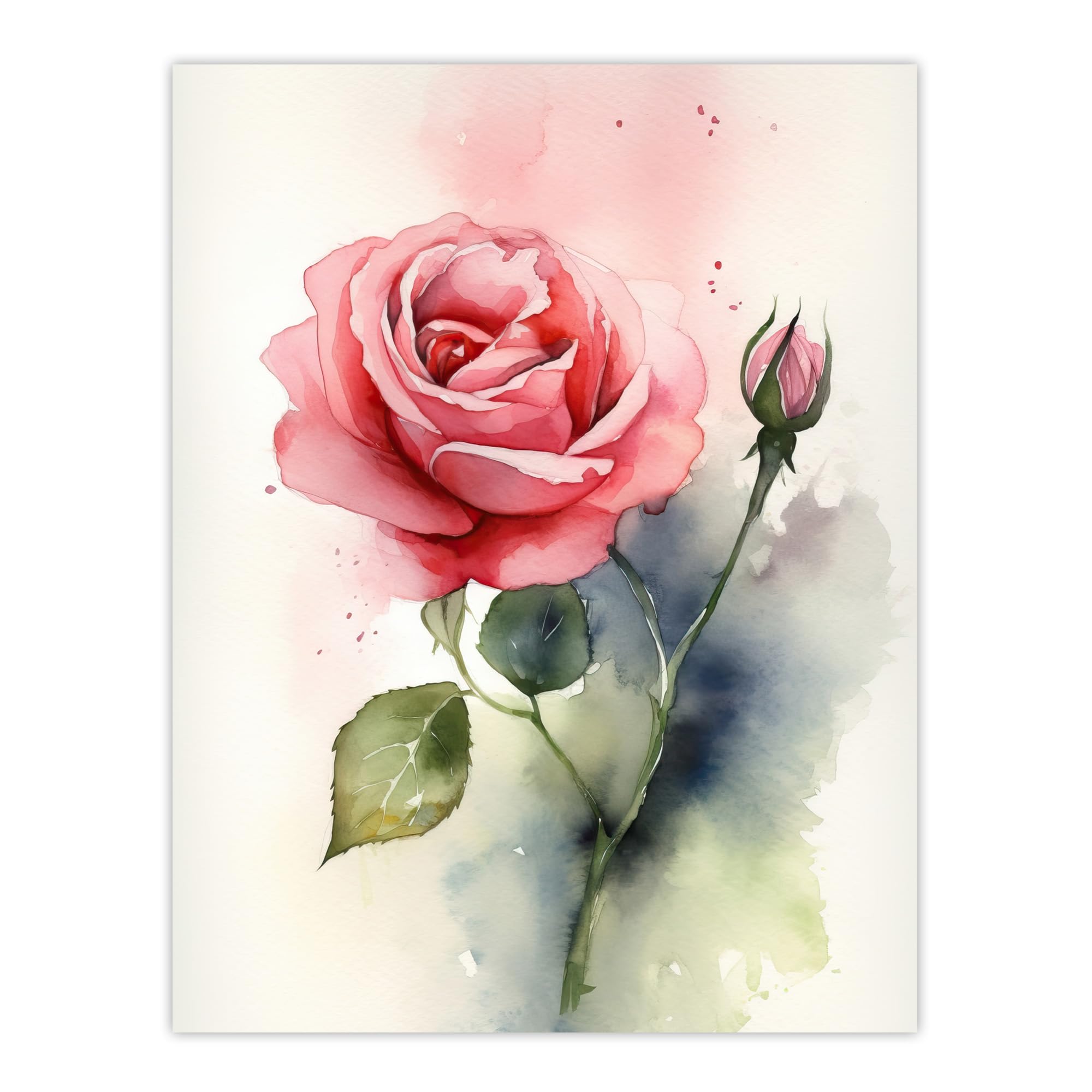 Artery8 Rose Bloom Flower Soft Watercolour Painting Green Pink Single Bloom With Bud Elegant Spring Romance Nature Colourful Bright Floral Modern Artwork Large Wall Art Poster Print 18X24 Inch