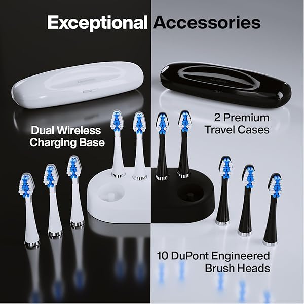 AQUASONIC DUO – DUAL HANDLE ULTRA WHITENING 40,000 VPM WIRELESS CHARGING ELECTRIC TOOTHBRUSHES – 3 MODES WITH SMART TIMERS – 10 DUPONT BRUSH HEADS & 2 TRAVEL CASES INCLUDED