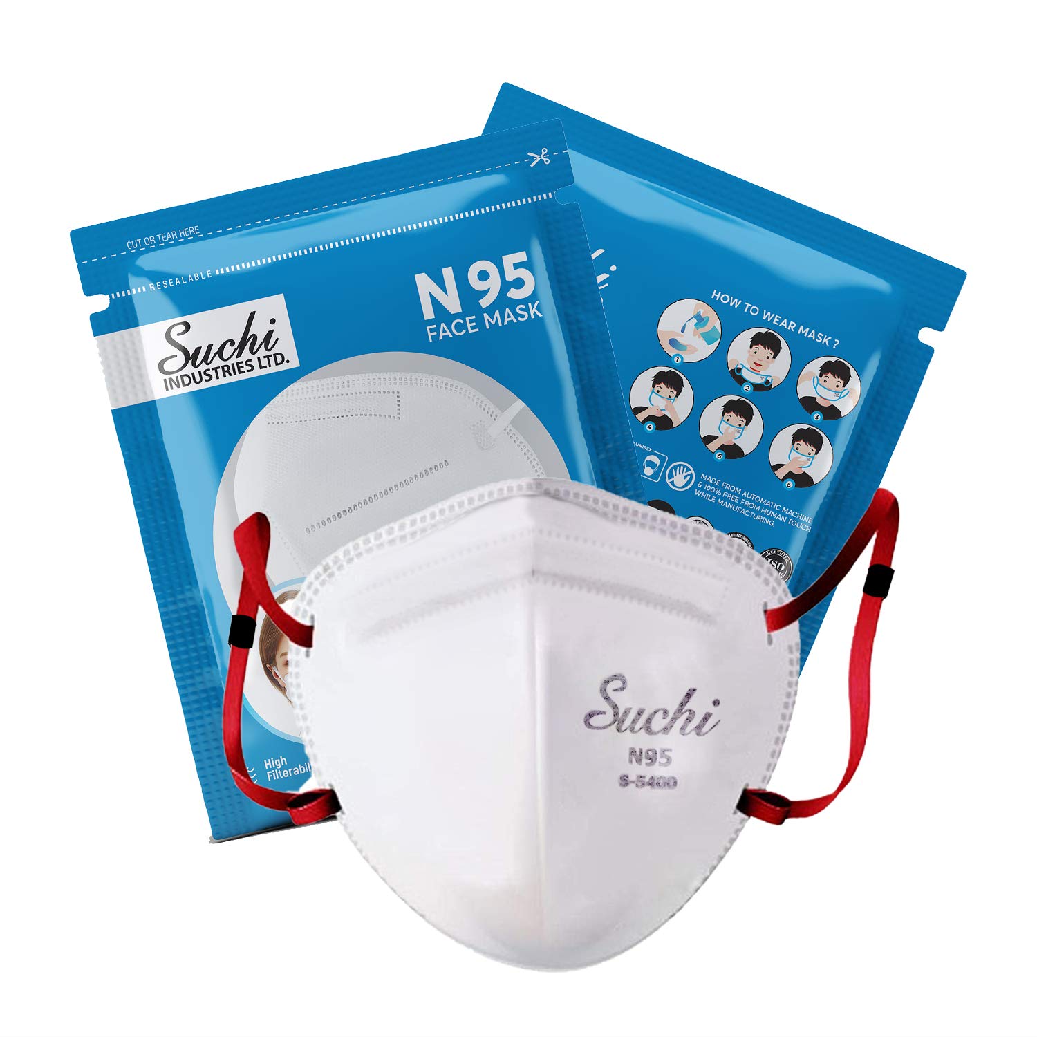 Suchi 6 Layer Pack of 2, N95 KN95 Face Mask with Adjustable Head Band