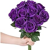 LFF 10pcs Silk Roses Artificial Flowers Fake Long Stem Roses for DIY Wedding Bouquet Home Decoration (Purple)