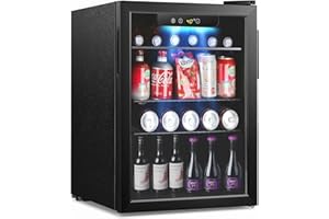 Kndko Mini Beverage Refrigerator and Cooler - 95 Can Mini Fridge with Digital Temperature Control, LED Light, Reversible Door, Perfect for Home, Office, Bar, and Game Room - 2.6 Cu.Ft, Black