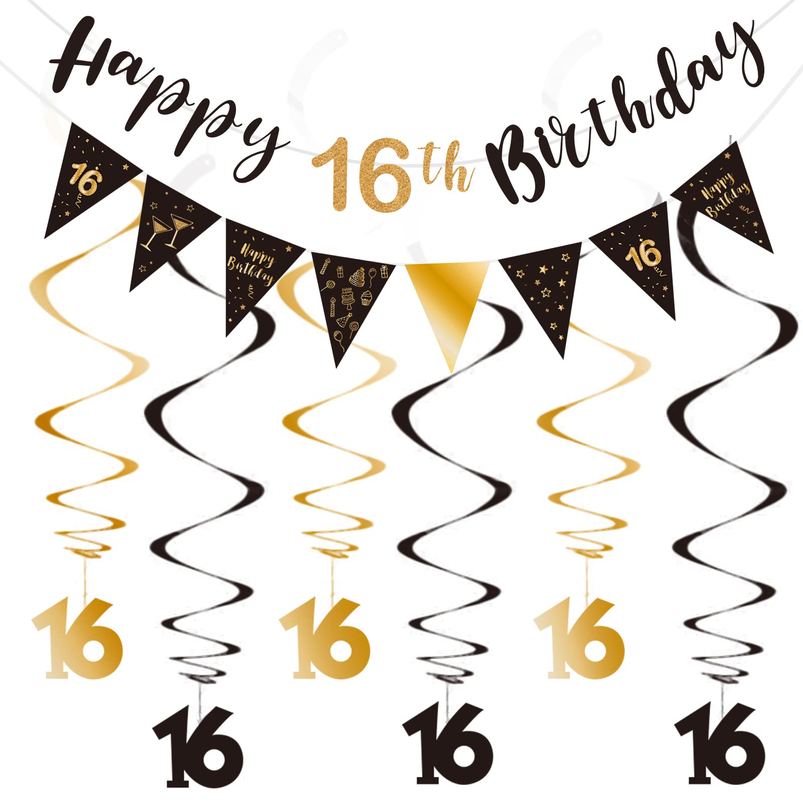 Photo 1 of 16th Birthday Decoration Kit, Happy 16th Birthday Banner Bunting Swirls Streamers, Triangle Flag Banner for Birthday Party Decorations Supplies Black and Gold 16th
