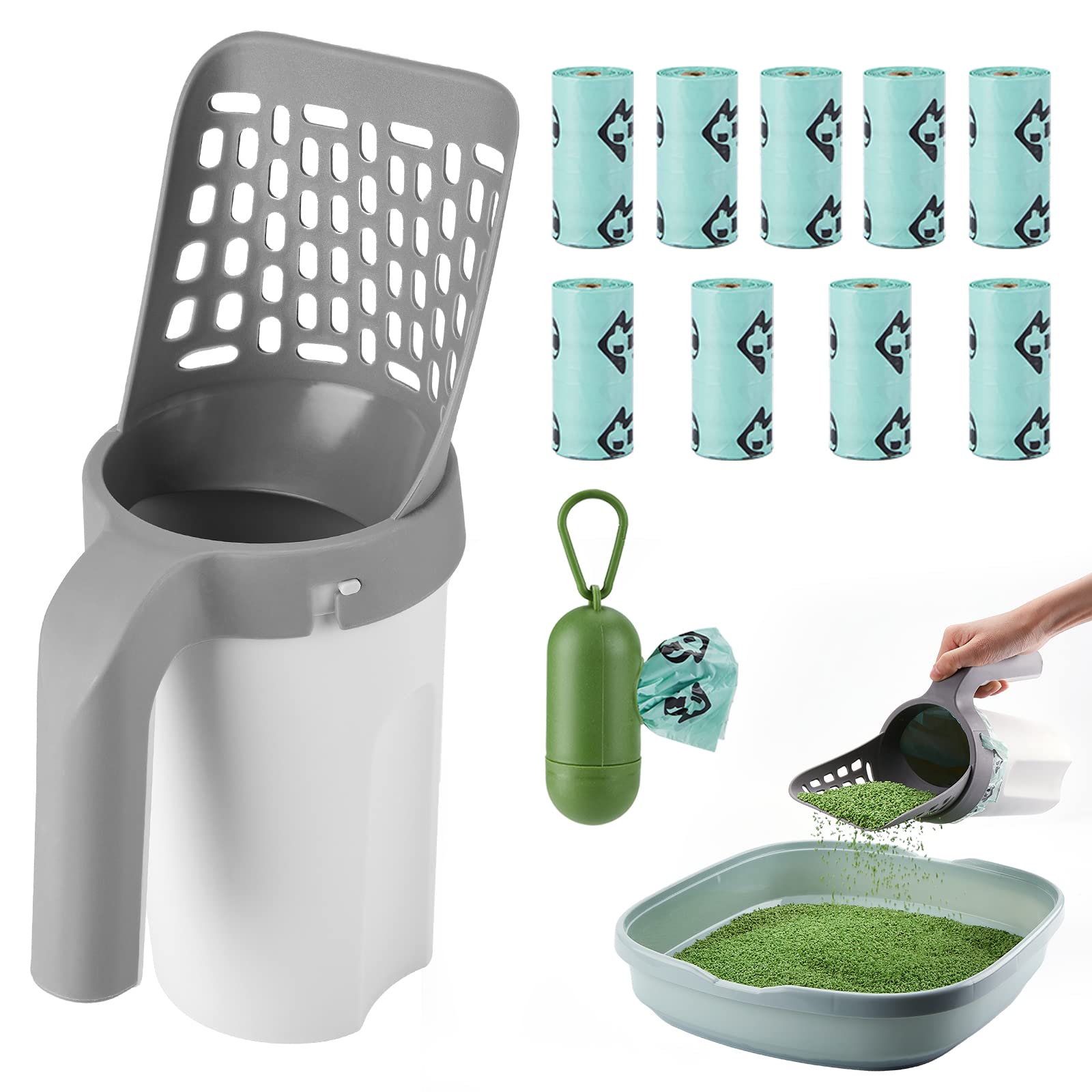 Cat Litter Scoop, MYPIN Upgraded Cat Poop Scoop with Holder Litter Tray Scoop with Bag and Waste Can Cat Litter Scooper with Extra 135pcs Waste Bags, Large Capacity Portable Litter Shovel(Grey)