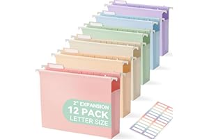 SortRax Plastic Extra Capacity Hanging File Folders, 2" Pastel Expanding Pocket, Heavy Duty for Filing Cabinet, Insertable 1/5-Cut Tabs, Letter Size - 12 Pack