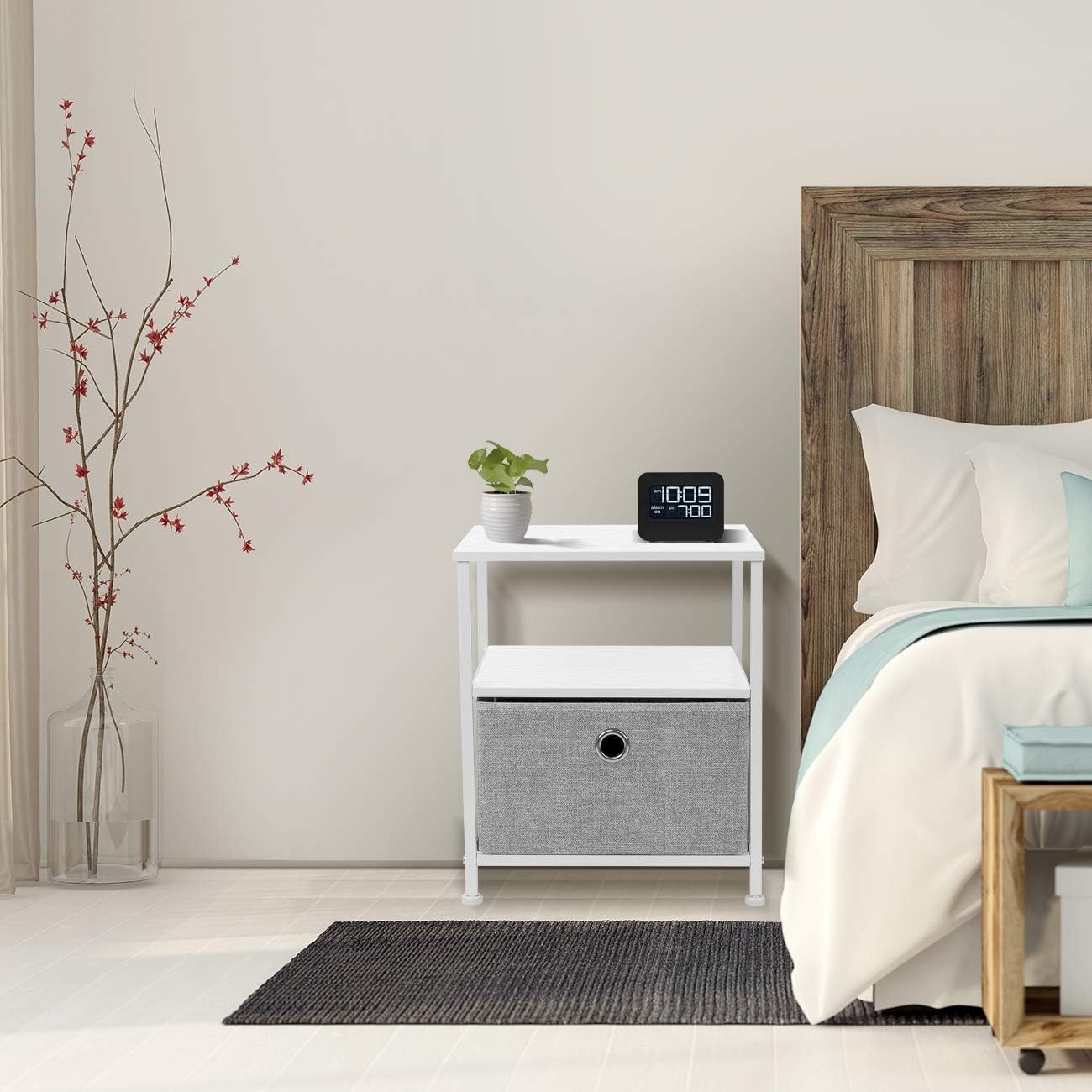 Sorbus Nightstand 1-Drawer Shelf Storage- Bedside Furniture & Accent End Table Chest for Home, Bedroom, Office, College Dorm, Steel Frame, Wood Top, Easy Pull Fabric Bins (White/Gray): Kitchen & Dining