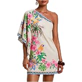 Floerns Women's One Shoulder Tropical Mini Summer Beach Vacation Dresses | One Shoulder, Dolman Sleeve, Ruffle Half Sleeve, Tropical Floral Print, Mini, Vacation Outfits