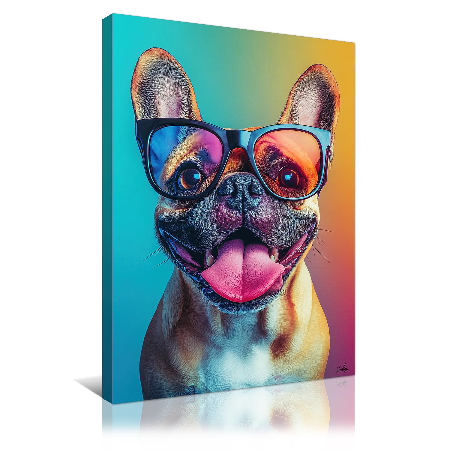 Photo 1 of vandlife Funny Dog Canvas Wall Art Adorable French Bulldog Portrait with Glasses Prints Colorful Modern Pet Decor for Living Room Office Kids Bedroom Framed 12x16in