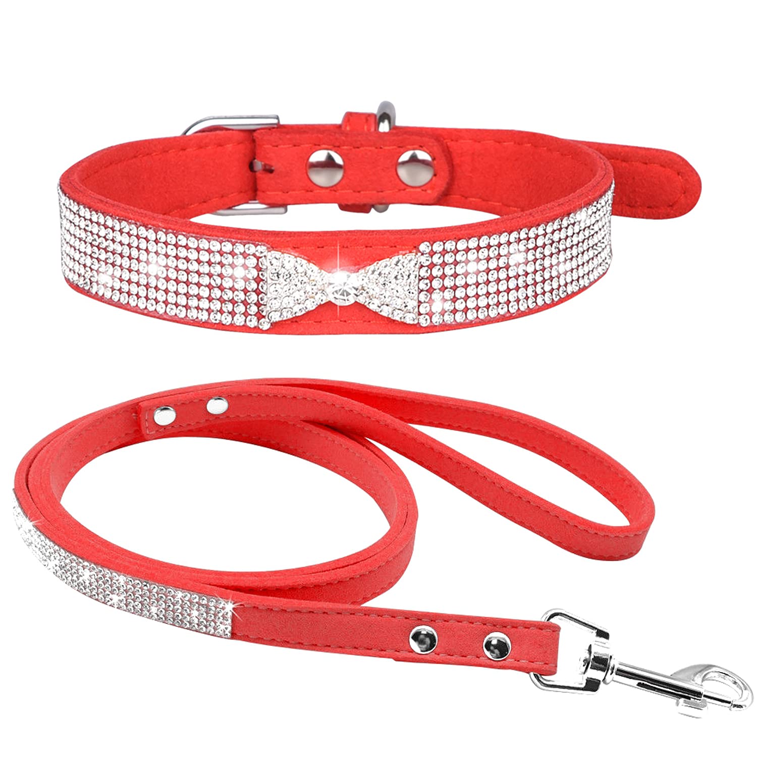 haoyueer Rhinestone Dog Collar, Cute Dazzling Sparkling Soft Suede Leather Dog Cat Rhinestone Collar Leash Crystal Diamond Pet Dog Puppy Collar (M, Red-3) — image 1