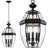 Large Outdoor Pendant Light Fixture 3-Light, 20in Modern Black Outdoor Chandelier Hanging Porch Light, Metal Exterior Ceiling