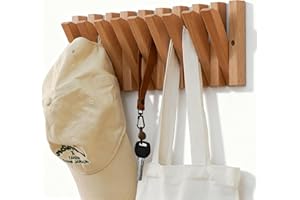 yaochuforest Coat & Hat Hooks Wall Mount with Key Holder, Wall Mounted Coat Rack with 9 Retractable Hangers, Solid Wood Slim Key Holder for Entryway, 17in Natural Finish