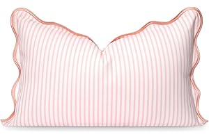 Hofdeco Premium Coastal Patio Indoor Outdoor Scalloped Lumbar Pillow Cover Only, 12"x20" Water Repellent for Backyard, Couch, Blush Pink Print Stripes