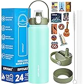 Insulated Water Bottle with Lid & Boot & Stickers, 24 oz Stainless Steel Sweat Free Bottle Keep Cold 24H, BPA-Free Sports Wide Mouth Water Bottle, Green