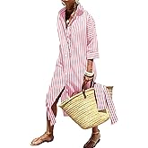 Womens Shirt Dresses Striped Lapel 3/4 Sleeve Maxi Dress Button Down Split Belted