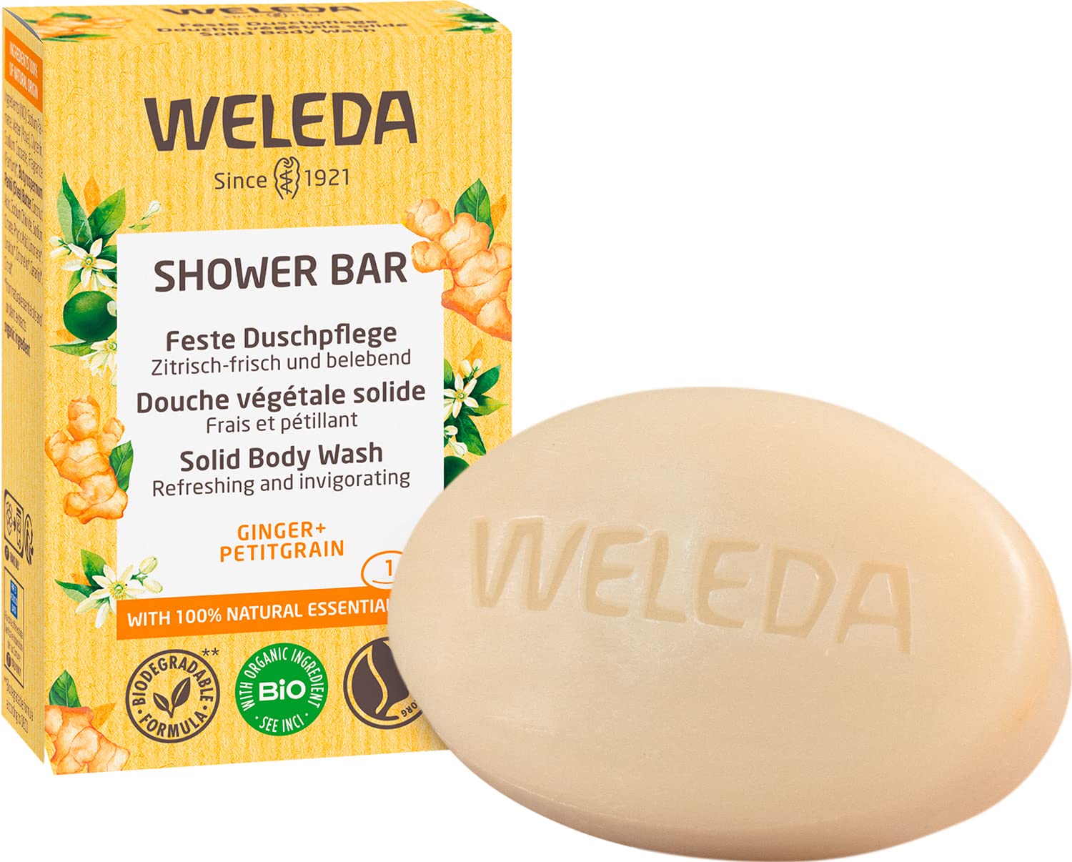 WELEDA Bio Festes Duschgel Ingwer & Petitgrain – feste Naturkosmetik Dusche mit Bio Sheabutter & erfrischendem Duft. Natürliche Shower Bar Seife für Männer & Frauen. 100% Vegan & Plastikfrei (1x 75g)