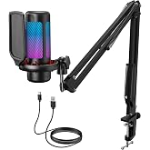 TONOR Gaming Microphone Set with Boom Arm, Vocal Condenser Microphone for Content Creators, USB Mic for PC with Stand, RGB, Tap Mute, Gain Control, Gaming Equipemnt, Twitch, Streaming, TC310+