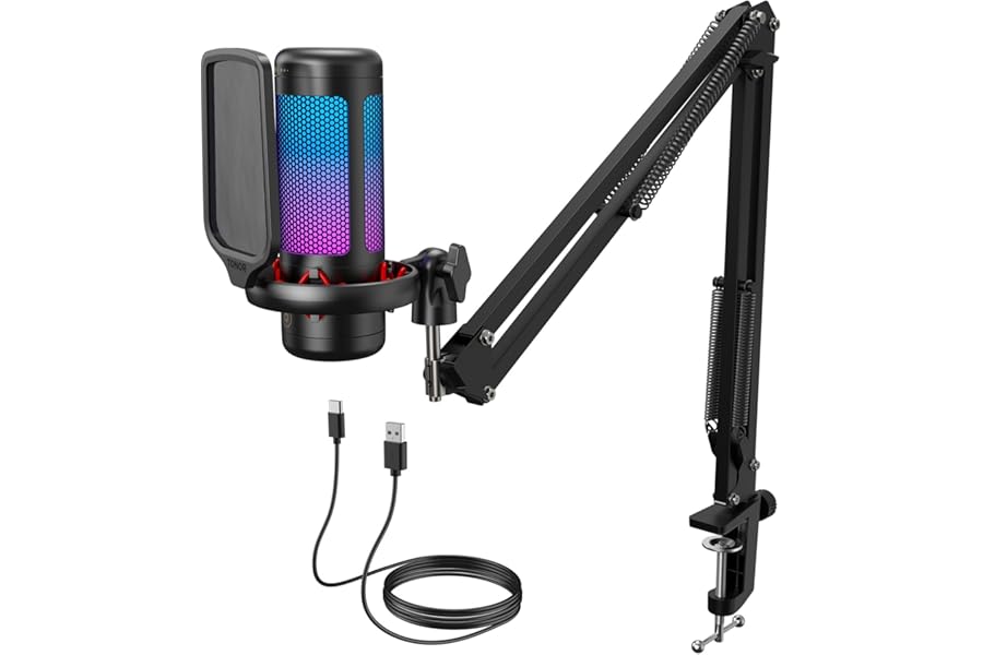 TONOR Gaming Microphone Set with Boom Arm, Vocal Condenser Microphone for PC with Stand, USB Mic with controllable RGB Light, One Tap Mute, Volume Control, for Discord, Twitch Streaming, TC310+