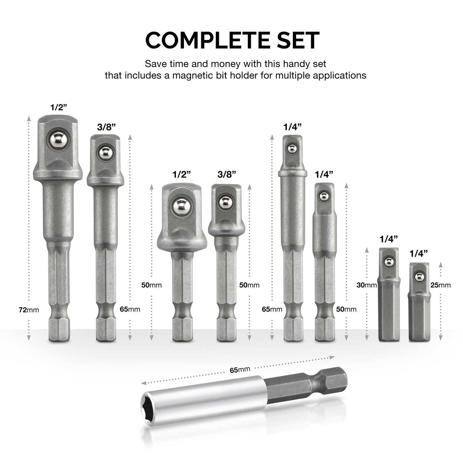 Hiltex 00257 Hex Shank to Square Drive Socket Adapter Bit Bar Set, 9 Pieces | CR-V 1/4, 3/8, 1/2-inch Drive