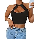 OYOANGLE Women's Halter Neck Crop Tops Cut Out Sleeveless Open Back Fitted Party Tops