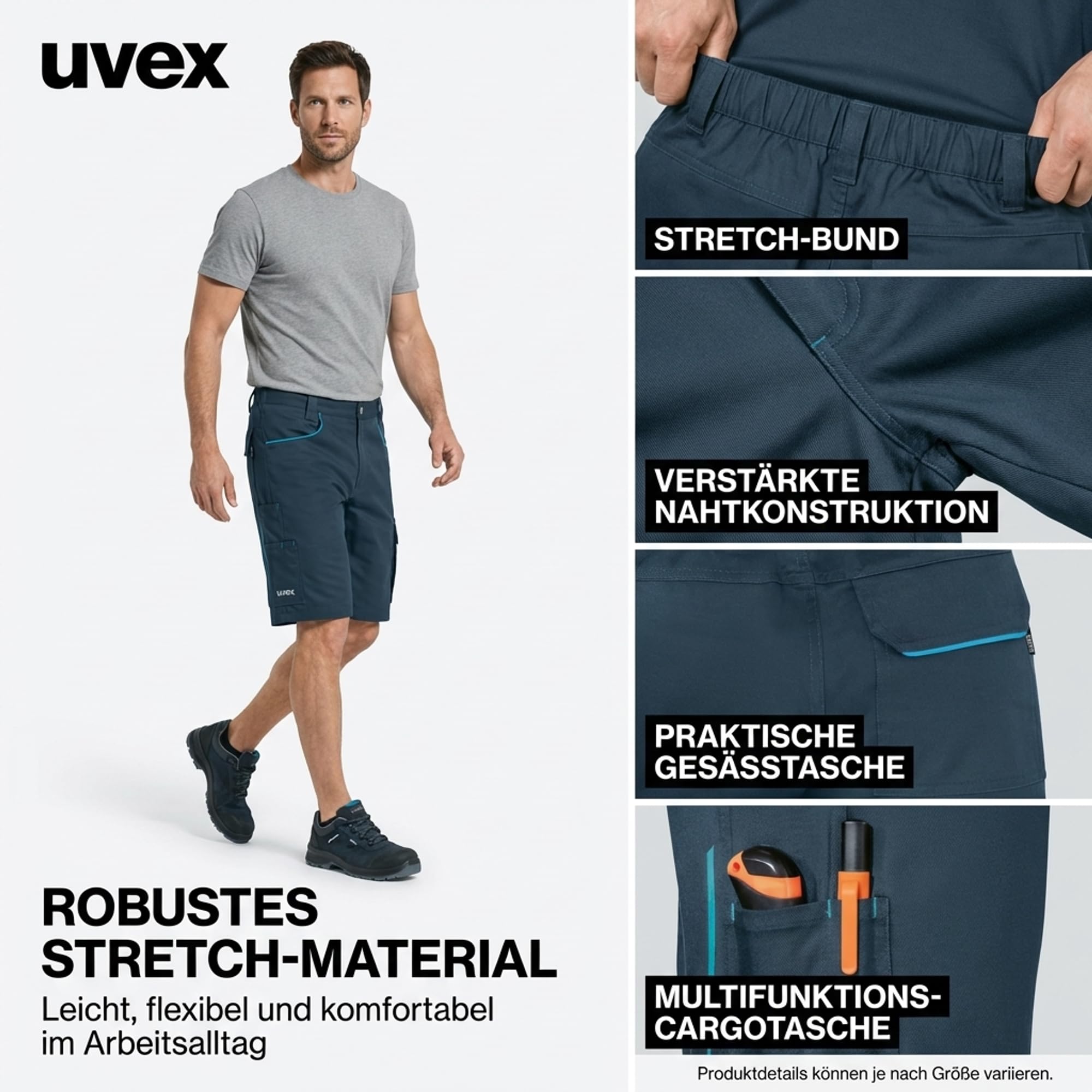 Uvex Tune-up Light Arbeitsshorts Herren – Leichter 2-Wege-Stretch - Bermuda - Nachtblau-türkis Gr 54 3