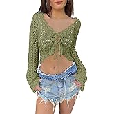 Saodimallsu Womens Crochet Crop Tops Tie Front Bell Long Sleeve Cardigan V Neck Lightweight Knit Shrug Sweaters