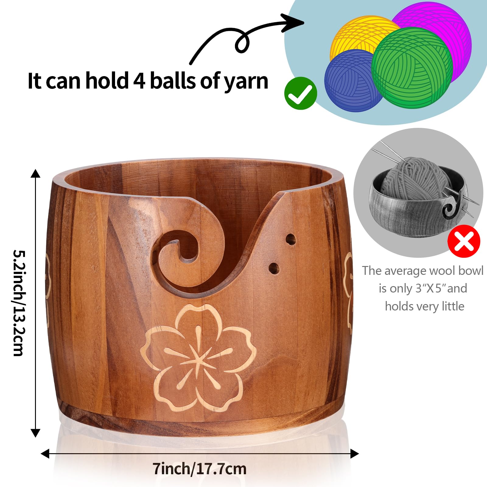 Yarn Bowl Large Size 5''x7'' Pine Wood Unique Design Crochet Bowl for Yarn Holder Knitting Crochet Macrame Craft Supplies